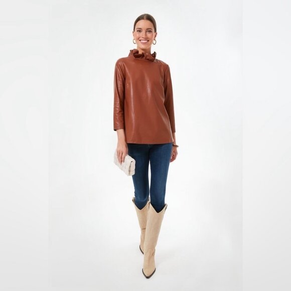 Tuckernuck Cognac Faux Leather Faye Blouse Size Small - Picture 2 of 11